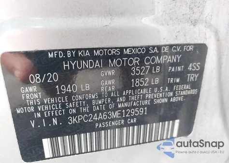 2021 Hyundai Accent Se z USA, uszkodzony, nr VIN 3KPC24A63ME129591